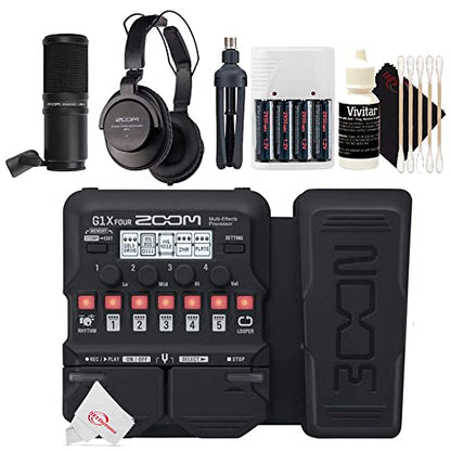Zoom G1X Four Guitar Multi-Effects Processor With Built-In Expression Pedal + Zoom ZDM-1 Podcast Mic Pack Accessory Bundle + Accessory Kit