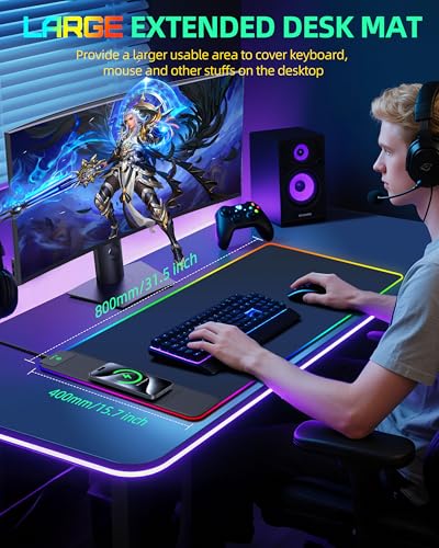 Wireless Charging Mouse Pad, RGB Gaming Desk Mat, 31.5"x15.7" Large XXL Desk Pad, 15 Lighting Modes, Ultra-Smooth Surface, Non-Slip Mouse Mat, Waterproof Computer Keyboard Pad for Desk, Office, Black - color: Black Rgb (Wireless Charging)