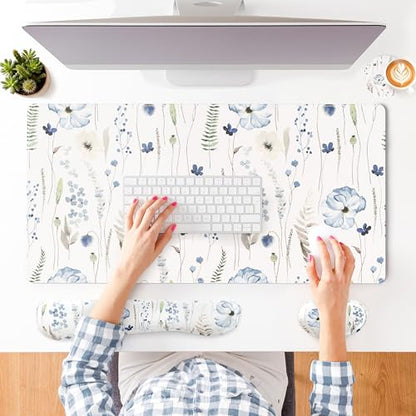 QIYI Leather Desk Mat Set, 4-in-1 Large Mouse Pad with Ergonomic Wrist Rest, Waterproof Desk Pad + Keyboard Wrist Rest + Mouse Wrist Support + Coaster, Non-Slip Office Gaming Accessories, Wildflowers - color: Watercolor Wildflowers