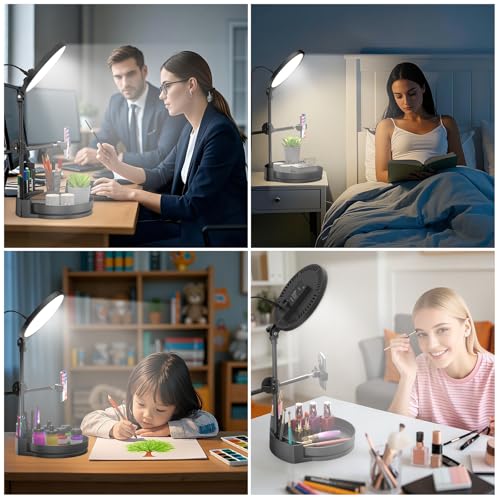 Desk Ring Light with Stand,55W Dimmable Full Screen Ring Light,with Rotating Storage Box,Pen Holder Stand,Phone Holder&Controller (White, 10.5) - color: white