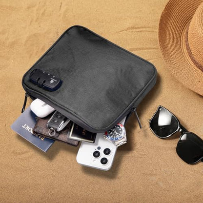 KOSMCCO Beach Locking Bag, Portable Safe, 9x7.5 Inch, Black | Anti-Theft Design, Security Cable Included, Holds Phone Wallet and Keys, Ideal for Beach Pool Cruise and Travel - color: Black