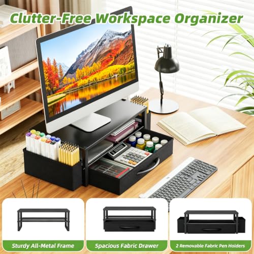 Ekisemio Desk Organizer and Accessories, 2-Tier Computer Monitor Stand Riser with Drawer & 2 Pen Holders - Multi-Functional Desk Organizer for Laptop, Printer & Home Office Supplies, Black