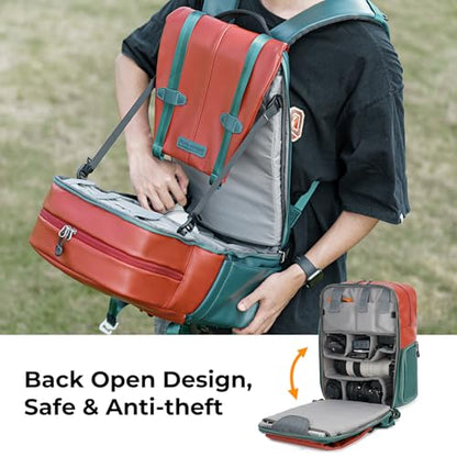 K&F CONCEPT 20L Camera Case for Photographers Large Capacity PU Leather Camera Bags with Raincover, 15.6 Inch Laptop Compartment for Camera Drone Bags - color: 06-orange Green