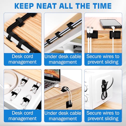 vorona Cable Management Under Desk, Up to 15 Cord, 41 PCS Enhanced Wire Holder Cord Organizer, Adjustable Hook and Loop Cable Ties, Reusable Cord Holder, Cable Hider Clips Under Table