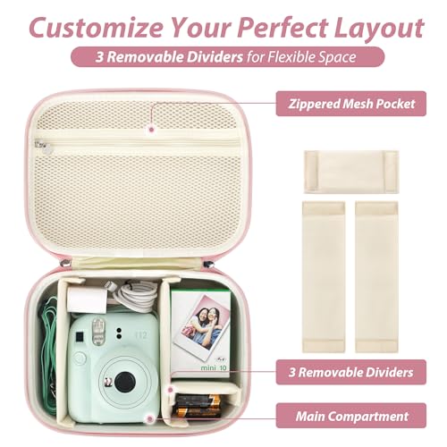 Hard Storage Case Compatible with Fujifilm Instax Mini 12/11/90/SQ1/SQ40/EVO Instant Camera, Holds Fuji Film & Accessories with 3 Dividers,Ideal for Home & Travel (Pink) - color: Pink