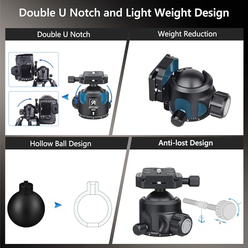 52mm Low Profile Ball Head Tripod Mount Ball Head ARTCISE All Metal CNC Machining with Two 1/4" Quick Release Plates for Tripod, Monopod, DSLR, Camcorder，Max Load 66lbs /30kg（All Black）