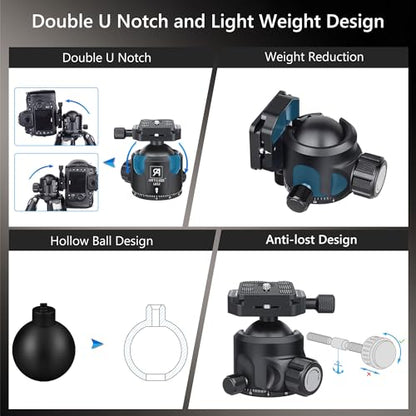 52mm Low Profile Ball Head Tripod Mount Ball Head ARTCISE All Metal CNC Machining with Two 1/4" Quick Release Plates for Tripod, Monopod, DSLR, Camcorder，Max Load 66lbs /30kg（All Black）