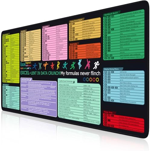 iCasso Excel Cheat Sheet Desk Pad Mat with Excel for Dummies 2025 Book, Excel Mouse Pad Shortcuts, Large Desk Mat, XXL Non-Slip Exel Mousepad with Stitched Edges for Desktop Protector - color: Black