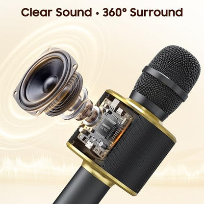 BONAOK Wireless Bluetooth Karaoke Microphone, 3-in-1 Portable Handheld Mic Speaker Machine for All Smartphones, Gifts to Girls Boys Kids Adults All Age Q37(Black Gold) - color: Black Gold
