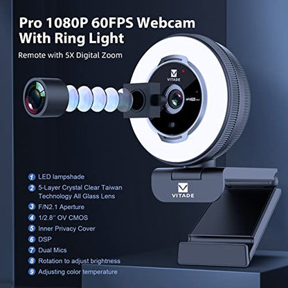 Zoomable Webcam with Remote Control, 1080P 60FPS Streaming Webcam with Adjustable Ring Light and Tripod, Pro USB 5X Digital Zoom Webcam for Zoom/Skype Teams/Laptop/Mac Windows