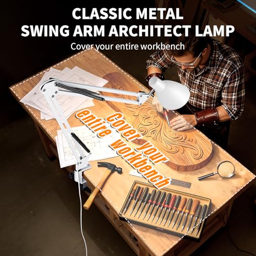 Swing Arm Desk Lamp with Clamp, Adjustable Arm LED Clamp on Desk Lamps with 5 Color Modes and 10 Brightness for Home Office Reading Drafting Study (White) - color: White
