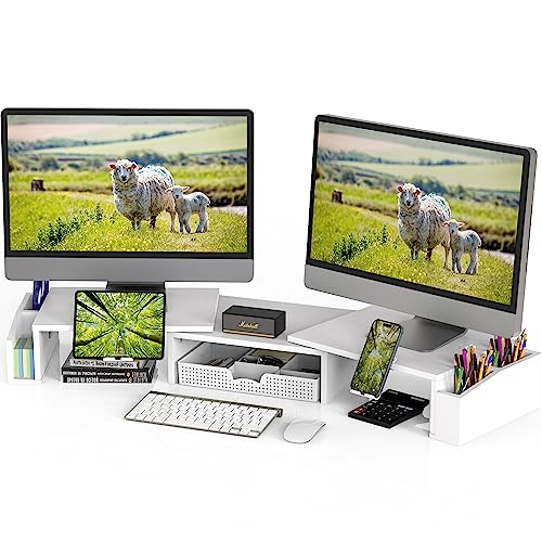 Simple Houseware Desk Dual Monitor Stand Riser with Drawer, White - color: White