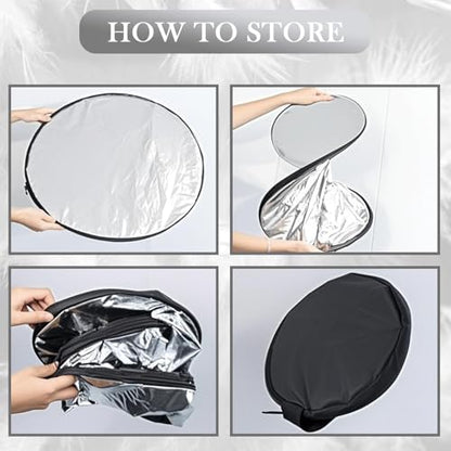 2 in 1 Lighting Reflectors Portable Collapsible Round Light Reflector Water-Resistant Photography Outdoor Lighting Portrait Fill Light (Silver, 30cm)