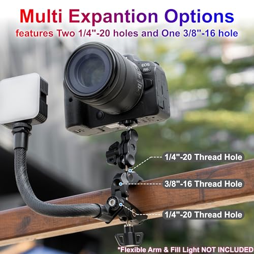JJC Super Clamp Camera Mount, Dual Ballhead Aluminum Pole Mount w. 1/4“-20 & 3/8"-16 Thread Hole, Action Camera Mount and Phone Clip, for DJI Osmo Action GoPro, Crab Clamp for Desk Tripod Tube Rod - color: Black -Universal