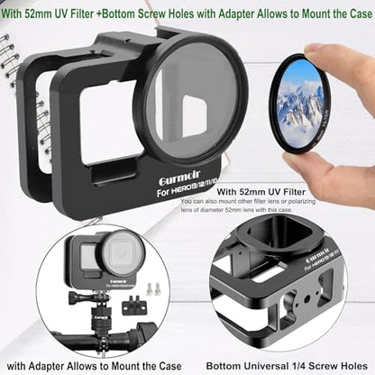 Metal Protective Case for Go Pro Hero 13/12/11/10/9 Black, Upgraded Aluminum Alloy Back Door Housing Frame Video Cage, with 2 Cold Shoe Mount and 52mm Filter