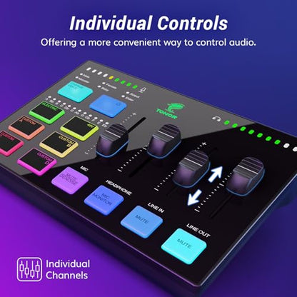 TONOR Audio Interface and Microphone Set, Podcast Equipment Bundle, USB Audio Mixer with RGB, XLR Dynamic Microphone with Studio Sound Quality, Complete Package for Content Creating, Gaming, Streaming