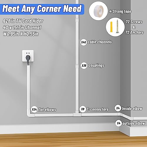 Cord Cover Raceway Kit, 628 in Cable Cover Channel, Paintable Cord Concealer System Cable Hider, Cord Wires, Hiding Wall Mount TV Powers Cords in Home Office, 40 X L15.7in X W0.95in X H0.55in - size: 40 X L15.7in