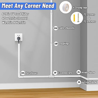 Cord Cover Raceway Kit, 628 in Cable Cover Channel, Paintable Cord Concealer System Cable Hider, Cord Wires, Hiding Wall Mount TV Powers Cords in Home Office, 40 X L15.7in X W0.95in X H0.55in - size: 40 X L15.7in