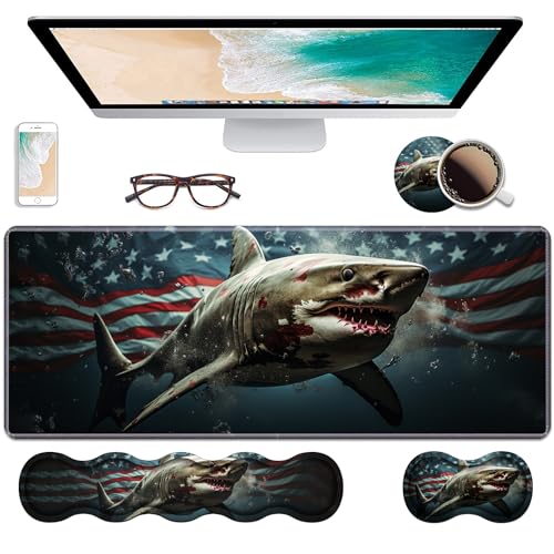 Ergonomic Keyboard Wrist Rest & Mouse Pad Wrist Rest Set, Large XXL Gaming Desk Mat 31.5"x 11.8" with Non-Slip Base, Memory Foam, Easy Typing Pain Relief for Home & Office, American Flag Shark - color: American Flag Shark