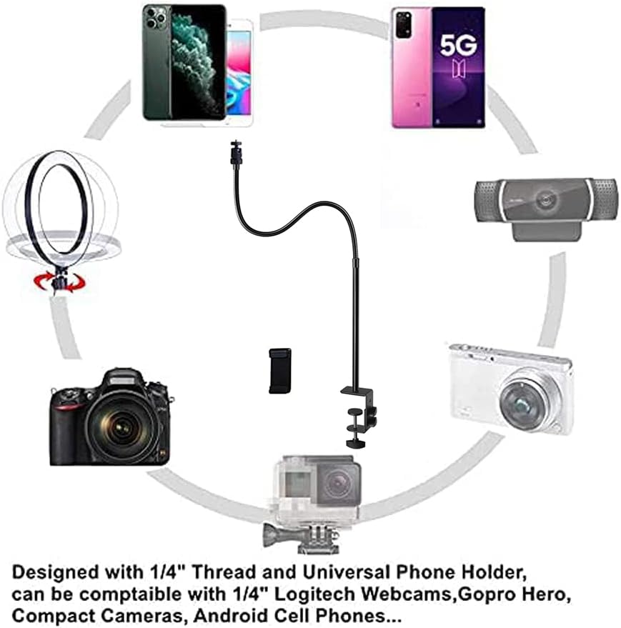 Webcam Stand Phone Holder Desktop Adjustable Gooseneck & Pole Video Clamp Stand Camera Mount for Cellphones, Logitech Webcam C922 C930e C920S C920 C615, Etc. (1/4" Threads, 7.5cm Clamp) - style: 7.5cm Clamp (Webcam Phone Stand)