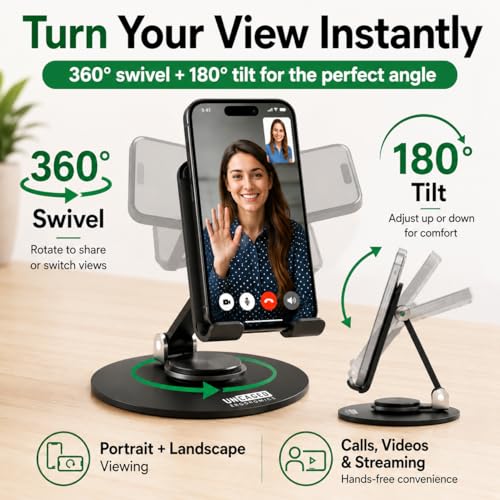 Uncaged Ergonomics 360° Swivel Rotating Adjustable Phone Stand for Desk, Portable & Foldable Cell Phone Stand for Desk, Compact Mobile Stand for Tabletop, Office, Kitchen & Bedroom (Black)