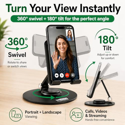 Uncaged Ergonomics 360° Swivel Rotating Adjustable Phone Stand for Desk, Portable & Foldable Cell Phone Stand for Desk, Compact Mobile Stand for Tabletop, Office, Kitchen & Bedroom (Black)
