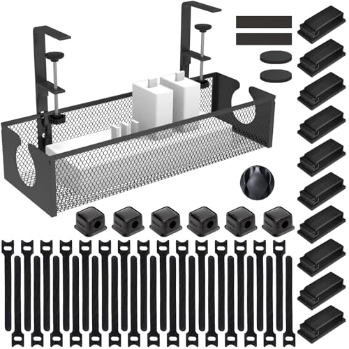 Under Desk Cable Management Tray, No Drill Steel Cord Organizer Kit with 52Pcs Different Essential Accessories for Home Office Standing Desk (13.4inch, Black) - size: 52-Piece