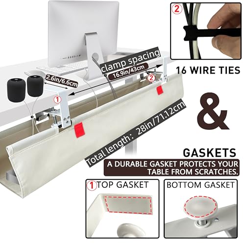 Under Desk Cable Management Tray – No Drill, 28" L x 6" W, Non-Scratch Silicone Clamps, 16 Cable Slots, Washable Honeycomb Base,Beige - color: Beige, size: Upgraded with Enhanced Features-28"L x 6.0"W