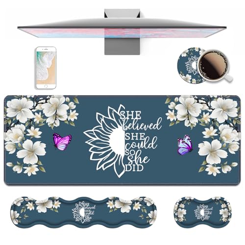 Ergonomic Keyboard Wrist Rest & Mouse Pad Wrist Rest Set, She Believed She Could So She Did Inspirational Quote Large XXL Gaming Desk Mat 31.5"x 11.8" with Non-Slip Base for Home Office Study Gaming - color: She Believed She Could So She