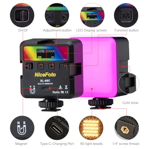 NiceFoto RGB Video Lights, 360° Full Color LED Video Light with 3 Cold Shoe Mounts, 2500K-9000K, CRI 96+, 18 Scene Modes, Magnetic RGB Camera Light for Vlog Filming, TikTok, Live, Photography
