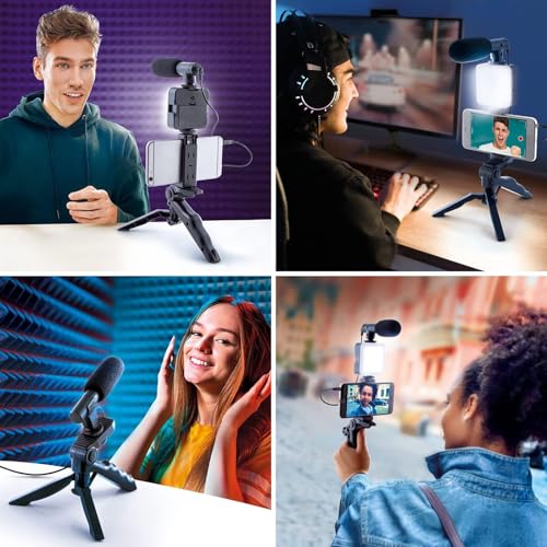 Vlog Set with Tripod Brightness Adjustable Light Microphone and Cellphone Clips for Video Calling Live Streaming Portable Live Streaming Set for Smartphones
