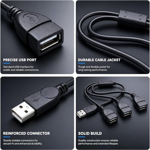 USB Splitter 1 in 3 Out, USB 2.0 Y Splitter Cable, Male to 3 Female, Portable USB Hub for Laptop, PC, Car, PS5, Xbox - Data Transfer & Shared Charging