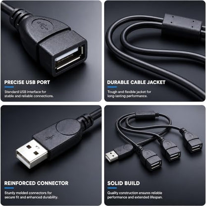 USB Splitter 1 in 3 Out, USB 2.0 Y Splitter Cable, Male to 3 Female, Portable USB Hub for Laptop, PC, Car, PS5, Xbox - Data Transfer & Shared Charging