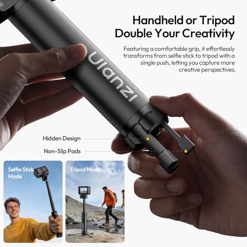 ULANZI MT98 2-in-1 Selfie Stick & Tripod for Action Camera, 1/4'' Mount & Adjustable 180°, 5 Section Extended to 57cm, Load Capacity ≤ 500g, Compatible for Insta360 X5/X4/X3/ONE X2/GO 3s/DJI Osmo 360