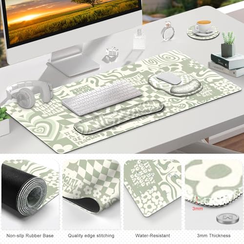 Large Desk Mat, Beige Gaming Mouse Pad, Desk Pad Protector, XXL Mousepad + Keyboard Wrist Rest+Mouse Wrist Rest+Coaster Set with Ergonomic Desk Pad for Home Office PC Computer, Retro Boho Aesthetic - color: Beige Retro Boho
