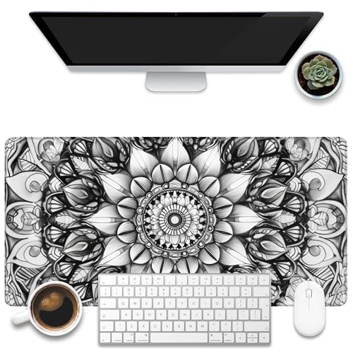Large Gaming Mouse Pad for Desk, Black and White Mandala Desk Mat, Mandala Flower Desk Pad, 31.5"x15.7" Extended Big Computer Keyboard Mouse Pad with Non-Slip Base and Stitched Edge - color: Black and White Mandala