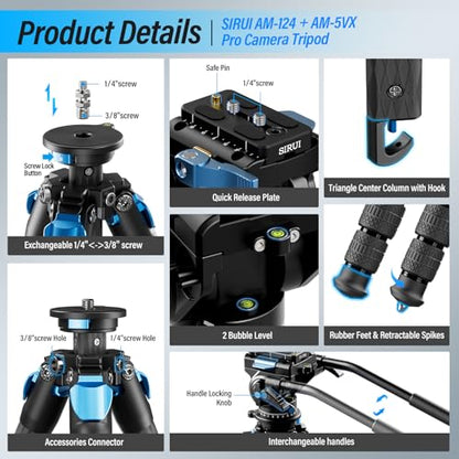 SIRUI AM-124 Carbon Fiber Tripod with AM-5VX Fluid Head, 65.6“ Compact Video Camera Tripod for Travel, Triangular Center Column, Side Loading QR Plate, Waterproof Twist Lock, Loads 6.6lbs - size: 65.6 inches