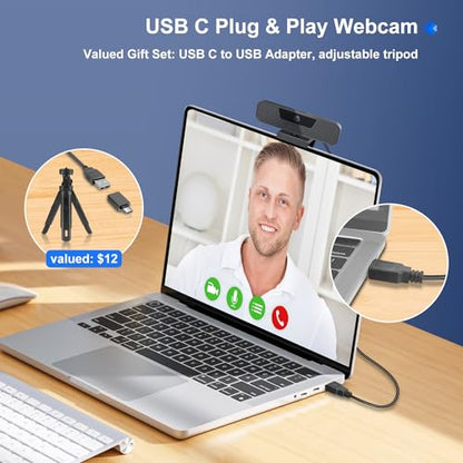4K Auto Focus Webcam for PC, 4 AI Noise-Canceling Mics UHD Web cam, Auto Light Correction, 85°FOV Computer Web Camera, USB C Plug&Play Webcam with Tripod & Privacy Cover Works w/Zoom/Skype/Google - style: 4K Autofocus Webcam with Cover & Tripod