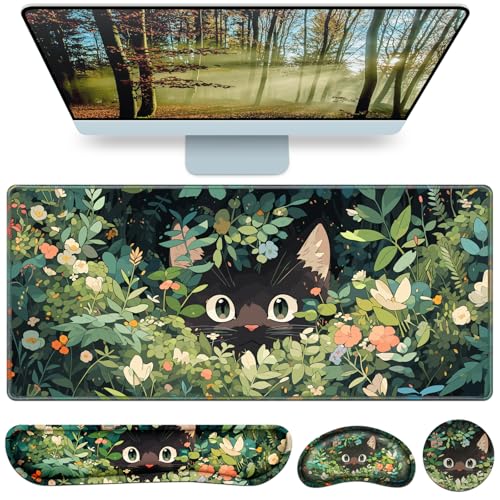 Mouse Pad Anime, Mouse Pad with Wrist Rest, 4-in-1 XXL Large Desk Mat Kawaii Mousepad with Gel Wrist Support Keyboard Wrists Rest Coaster, Ergonomic Gaming Cat Desk Pad, Funny Cute Office Accessories - color: Curious Cat