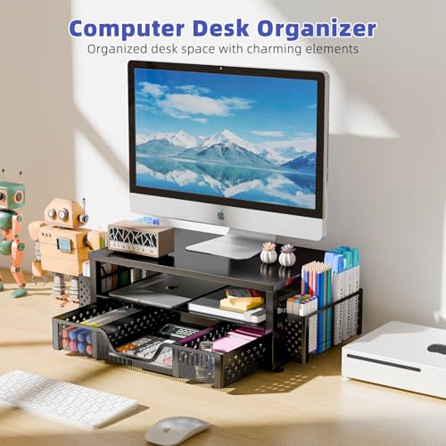 Simple Trending 2-Tier Monitor Stand Riser, Drawer & 2 Pen Holders, Black | Sturdy Material - size: 16"W x 10"D x 5.8"H