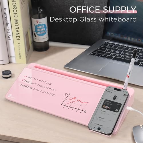 TOWON Desktop Glass Whiteboard with Charger Pad, Small Desk Whiteboard - Glass Dry Erase White Board- Desk Computer Buddy with Storage, Mirror and Charging Station, Pink, 17 x 6 in - color: Charger Pink