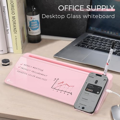 TOWON Desktop Glass Whiteboard with Charger Pad, Small Desk Whiteboard - Glass Dry Erase White Board- Desk Computer Buddy with Storage, Mirror and Charging Station, Pink, 17 x 6 in - color: Charger Pink