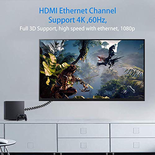 Duttek Down Angle Coiled HDMI Cable 4FT/1.2M, Extreme Thin 90 Degree HDMI Male to Male Coiled Cable for 3D and 4K@60hz Ultra HD TV Stick for PS5, Blu-ray, Roku TV, Xbox Series X/S - size: Down Angled Male to Male 4FT/1.2M