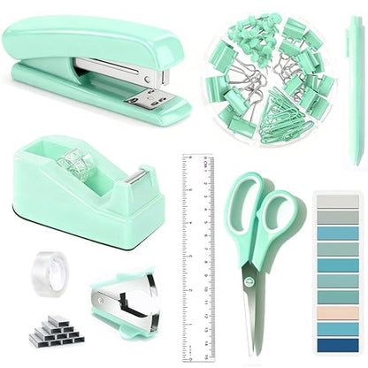 Dimonluce Green Office Supplies, Teal Desk Accessories Accessories with Tape Dispenser, Stapler, Staple Remover, 1000 Staples, Tape, Clips Set, Ruler, Scissor, Pen - color: Green