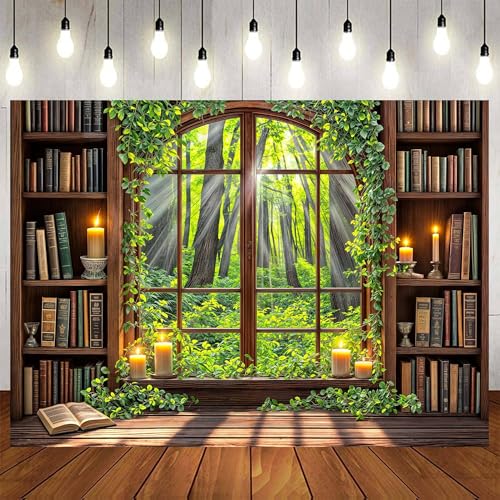 6 x 4 ft Retro Library Wooden Bookshelf Backdrop Green Garden Book Tree Vintage Window Forest Photography Background Medieval Art Book Candle Party Decoration Banner Supplies - color: Green Brown, size: 6X4FT