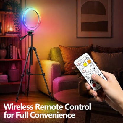 EMART 10’’ Ring Light with 55’’ Extendable Tripod Stand & Phone Holder, 16 RGB Colors Modes, 10 Dimmable Levels LED Circle Selfie Lights with Wireless Remote for Makeup Streaming YouTube TikTok