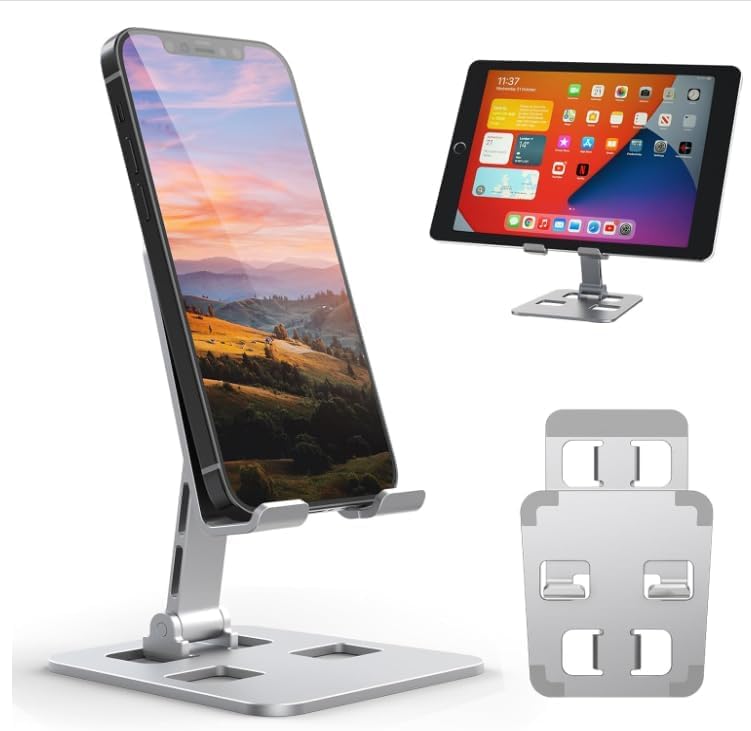 Desktop Phone Stand, Dual Folding Adjustable Mobile Phone Holder, Portable Universal Stand for iPhone & Samsung All Phones