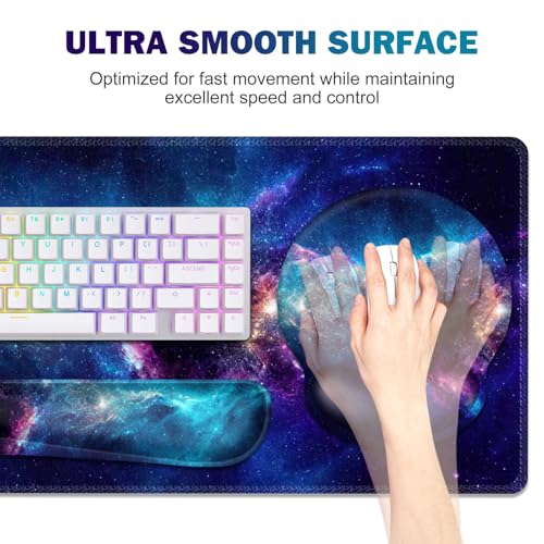 Gaming Mouse Pad, Large Desk Mat, Cute Desk Pad Protector, 4in1 XXL Mousepad + Keyboard Wrist Rest+Mouse Wrist Rest+Coaster Set with Ergonomic Desk Pad for Home Office Table Computer, Galaxy Space - color: Galaxy Space