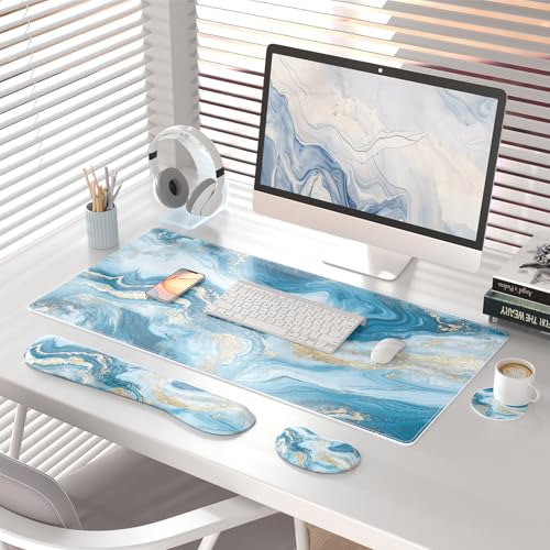 QIYI Leather Desk Mat Set, 4-in-1 Large Mouse Pad with Ergonomic Wrist Rest, Waterproof Desk Pad + Keyboard Wrist Rest + Mouse Wrist Support+Coaster, Non-Slip Office Gaming Accessories, Blue Fluid Art - color: Blue Fluid Art