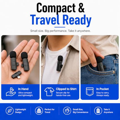 Acuvar Wireless Lavalier Microphone for iPhone & Android, 2 Pack Mini Wireless Mic, Plug & Play Clip On Microphone for Video Recording, Interview, Vlog with Adapter